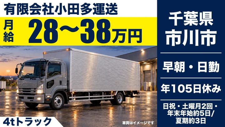 【千葉県市川市】4tトラックドライバー／正社員・月給28万円～38万円