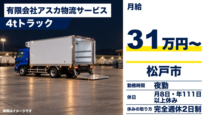 【千葉県松戸市】4tトラックドライバー/正社員・月給31万円~