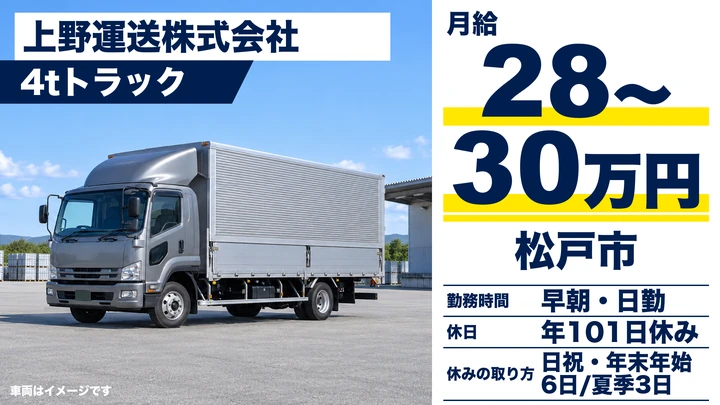 【千葉県松戸市】4tトラックドライバー/正社員・月給28万円~30万円