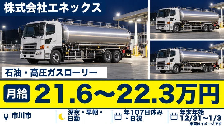 【千葉県市川市】タンクローリードライバー／正社員・月給21.7万円～22.3万円