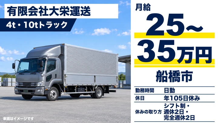 【千葉県船橋市】4t・10tトラックドライバー／正社員・月給25万円～35万円