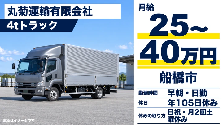 【千葉県船橋市】4tトラックドライバー／正社員・月給25万円～40万円