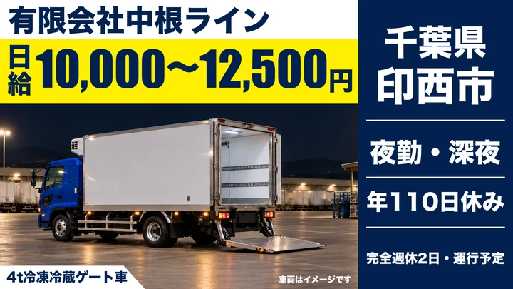 【千葉県印西市】4t冷凍冷蔵車ドライバー／日給1万〜1.25万円
