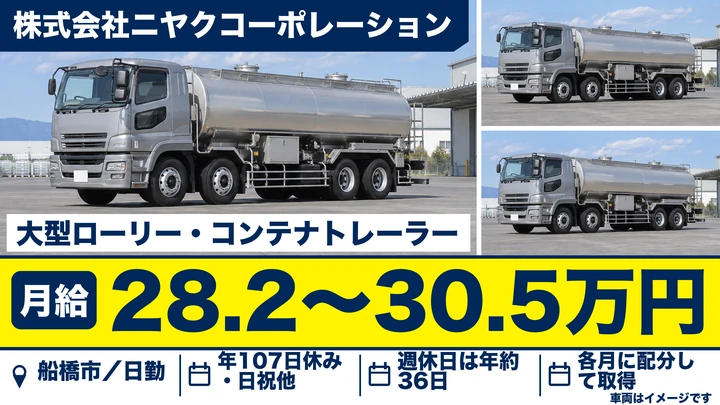 【千葉県船橋市】タンクローリードライバー／月給28万2,340円~30万5,340円