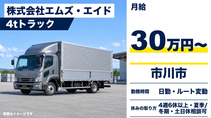 【千葉県市川市】中型トラックドライバー/月給30万円~・寮社宅あり