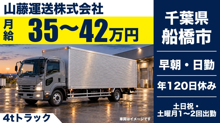 【千葉県船橋市】中型トラックドライバー/月給35万~42万円・年間休日120日