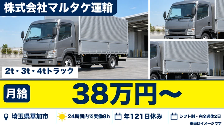 【埼玉県草加市】中型トラックドライバー／月給38万円～・単身赴任は住宅無料