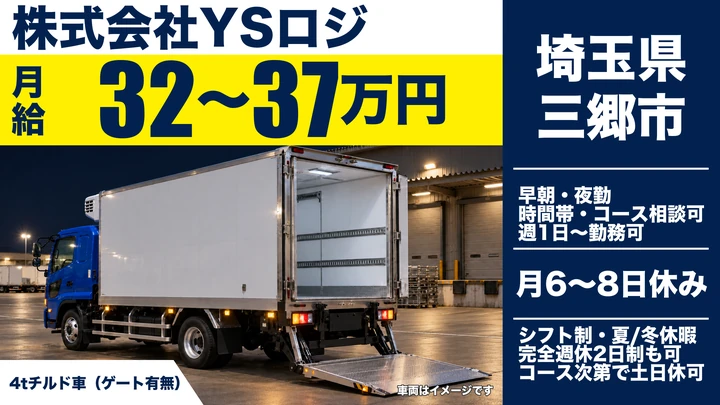 【埼玉県三郷市】4tドライバー／月給32万円～37万円・普通免許OK