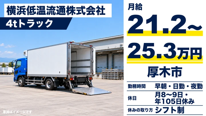 【神奈川県厚木市】中型トラックドライバー／冷凍冷蔵食品配送
