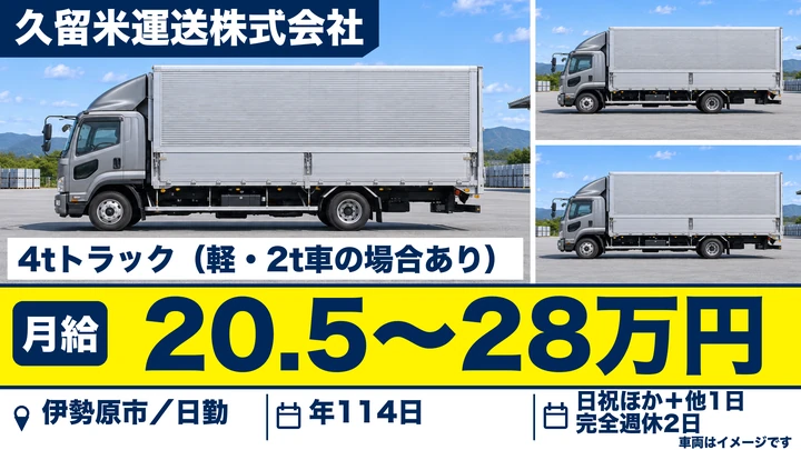 【神奈川県伊勢原市】4tトラックドライバー/賞与年3回・退職金あり