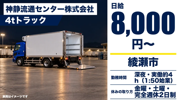 【神奈川県綾瀬市】4tトラックドライバー/実働4時間の夜間ルート配送