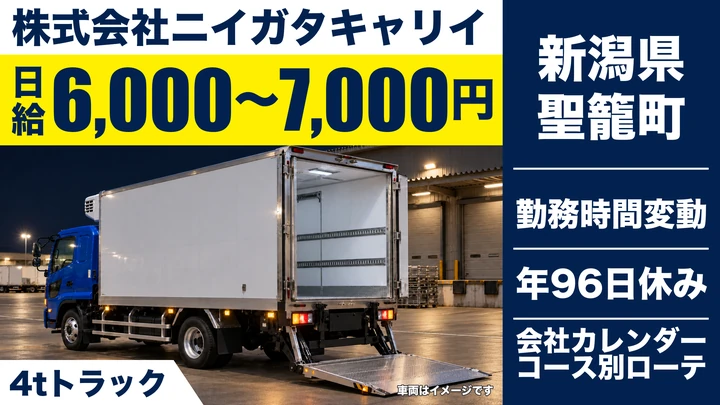 【新潟県聖籠町】4t長距離配送ドライバー／月額30.4万円～36.8万円