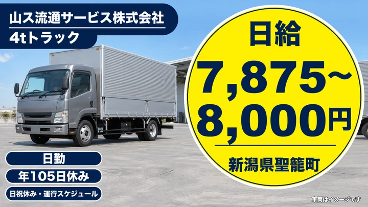 【新潟県聖籠町】4t県内配送ドライバー／普通免許OK・月収26万円～30万円