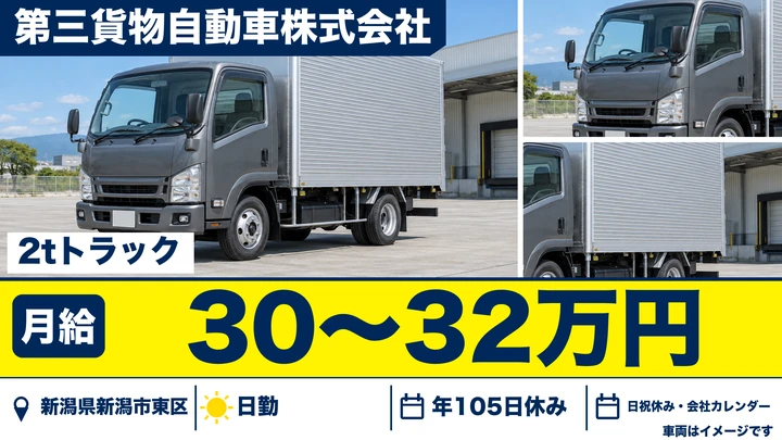 【新潟県新潟市東区】2tトラックドライバー／月給30万円～32万円