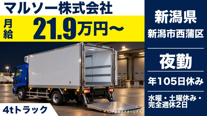 【新潟県新潟市西蒲区】4tドライバー／月給30万円〜35万円・資格取得支援
