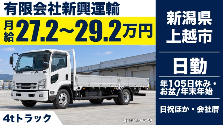 【新潟県上越市】4tトラックドライバー／月給27万円～29万円