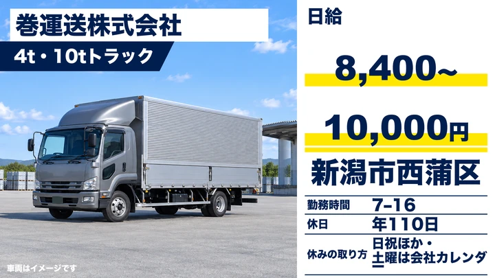 【新潟県新潟市西蒲区】4t・10tトラックドライバー／月収22万円台～