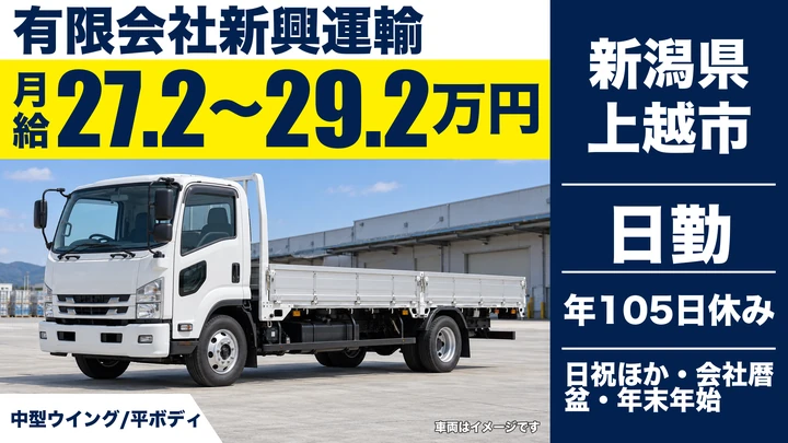 【新潟県上越市】中型・準中型トラックドライバー/月給27.3万円~29.3万円