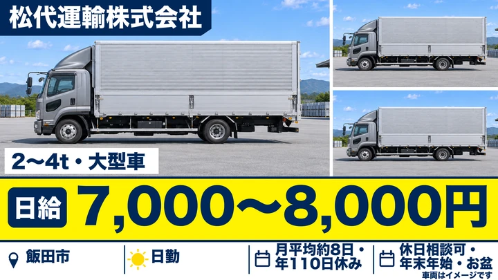 【長野県飯田市】中型・準中型トラックドライバー/日給7000円~8000円