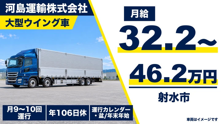 河島運輸株式会社の大型ウイング車ドライバー求人(富山県射水市)