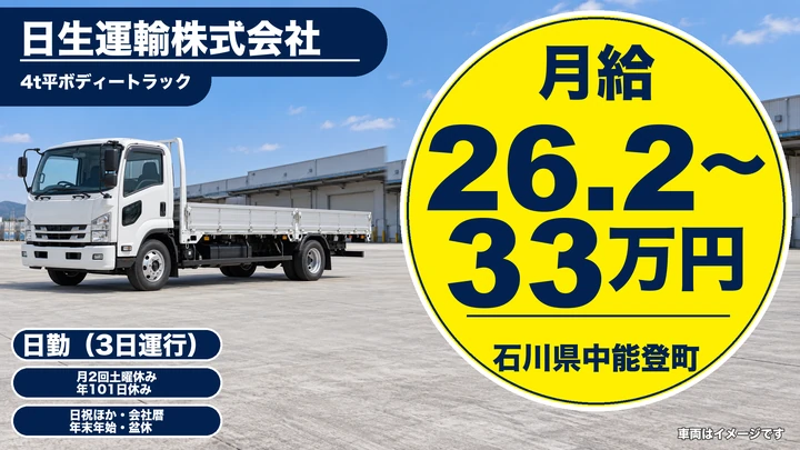 日生運輸株式会社の4tトラックドライバー求人（石川県中能登町）