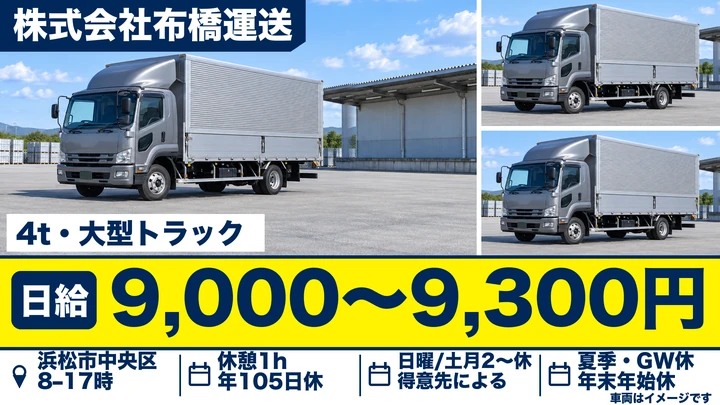 【静岡県浜松市中央区】大型トラックドライバー／日給9,000円～9,300円