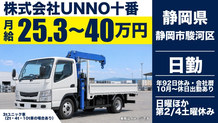 【静岡県静岡市駿河区】ユニック車ドライバー／未経験歓迎・資格取得制度充実