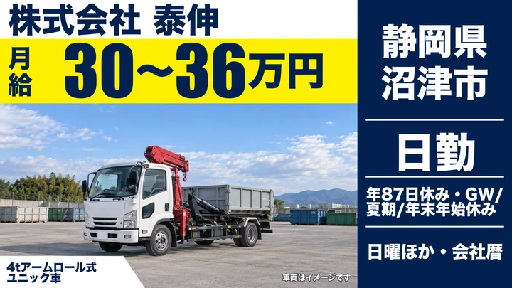 【静岡県沼津市】ユニック車ドライバー／月給30万〜36万円