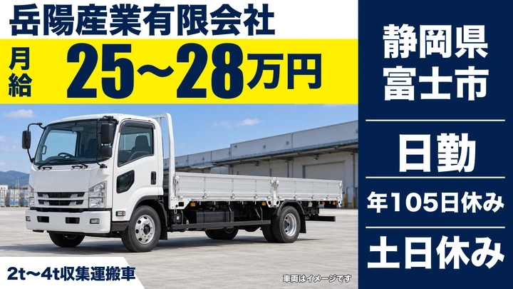 【静岡県富士市】廃棄物収集ドライバー/月給25万円~28万円・土日休み
