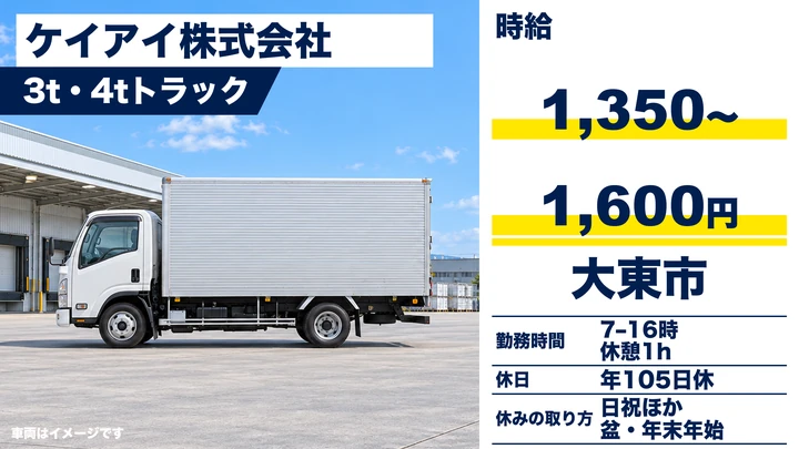 【大阪府大東市】中型トラックドライバー/時給1,350円~1,600円