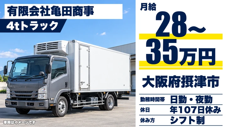 【大阪府摂津市】中型トラックドライバー/月給28万円~35万円