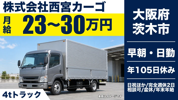 【大阪府茨木市】中型トラックドライバー/月給23万円~30万円