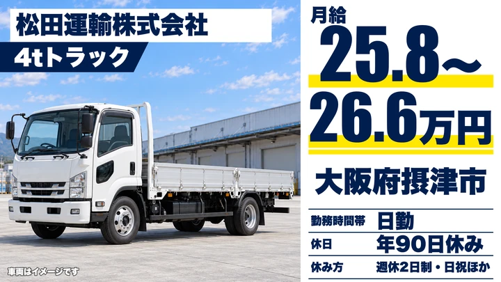 【大阪府摂津市】中型トラックドライバー/月給25万8,410円~26万6,280円