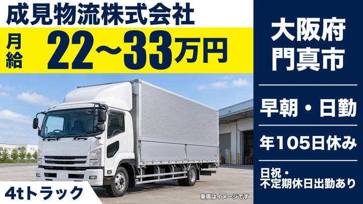 【大阪府門真市】中型・準中型トラックドライバー/月給22万円~33万円