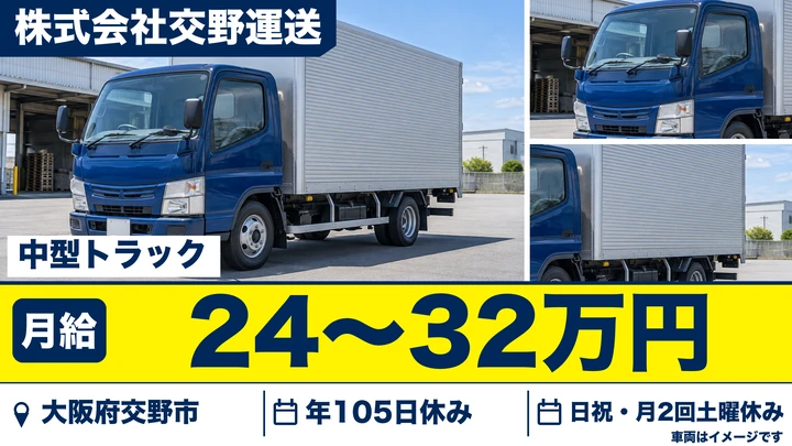 【大阪府交野市】中型・準中型トラックドライバー／月給24万円～32万円