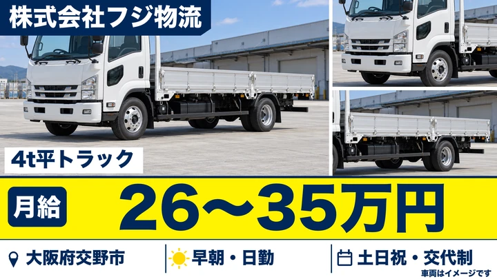 【大阪府交野市】中型・準中型トラックドライバー／月給26万円～35万円