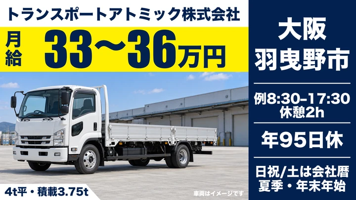【大阪府羽曳野市】中型・準中型トラックドライバー／月給33万円～36万円