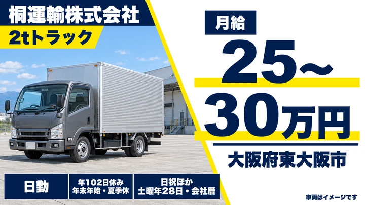【大阪府東大阪市】小型トラックドライバー／月給25万円～30万円