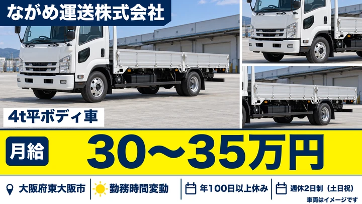 【大阪府東大阪市】中型トラックドライバー／月給30万円～35万円
