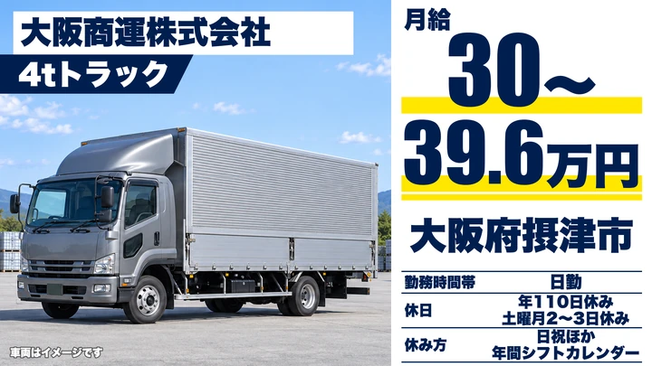 【大阪府摂津市】中型・準中型トラックドライバー/月給30万円~39.6万円