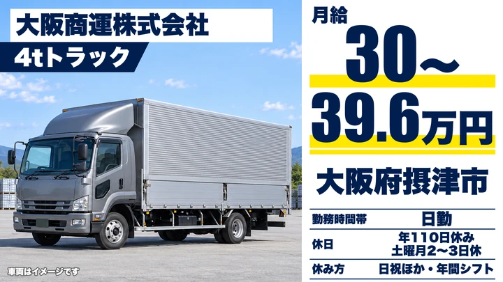 【大阪府摂津市】中型トラックドライバー/月給30万円~39.6万円