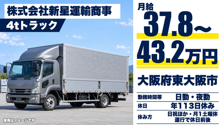 【大阪府東大阪市】中型トラックドライバー／月給37.8万円～43.2万円