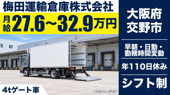 【大阪府交野市】中型トラックドライバー／月給27.6万円～32.9万円