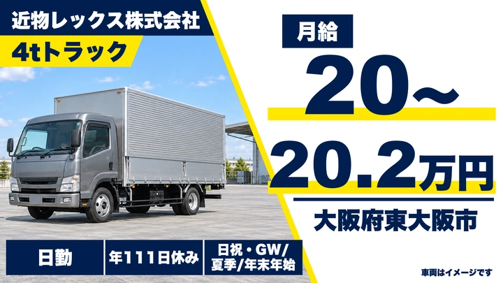 【大阪府東大阪市】中型・準中型トラックドライバー／月給20万円～20.3万円