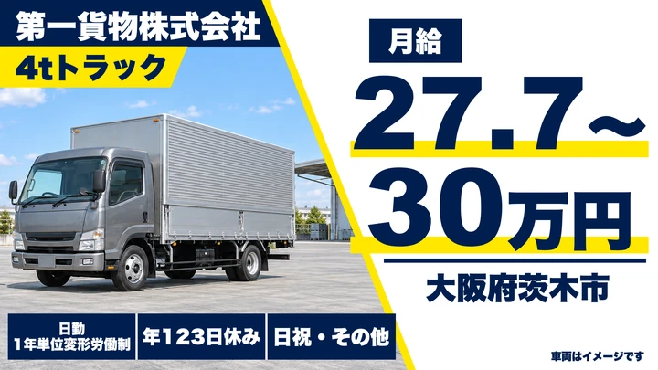 【大阪府茨木市】中型・準中型トラックドライバー/月給27.8万円~30万円