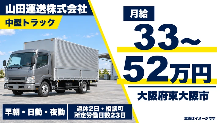 【大阪府東大阪市】中型・準中型トラックドライバー／月給33万円～52万円