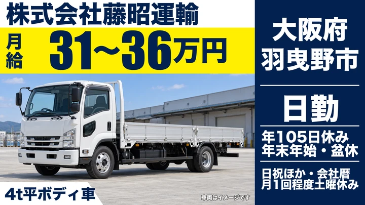 【大阪府羽曳野市】中型トラックドライバー／月給31万円～36万円