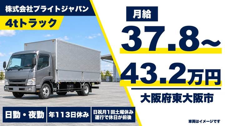 【大阪府東大阪市】中型・準中型トラックドライバー／月給37万8,000円～