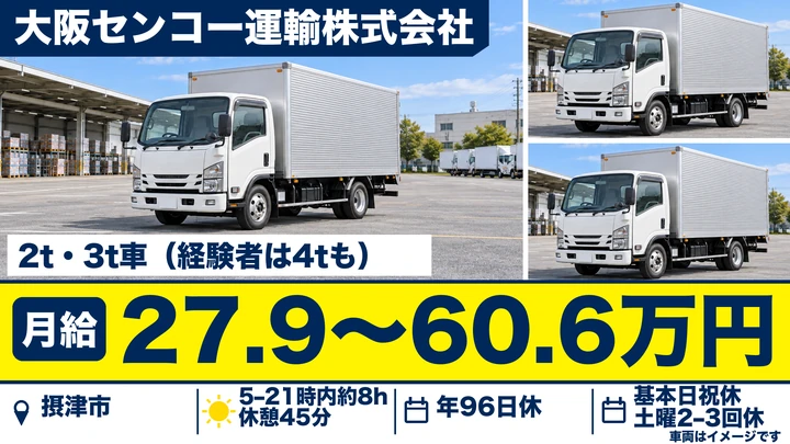 【大阪府摂津市】中型トラックドライバー/月給27.9万円~60.6万円