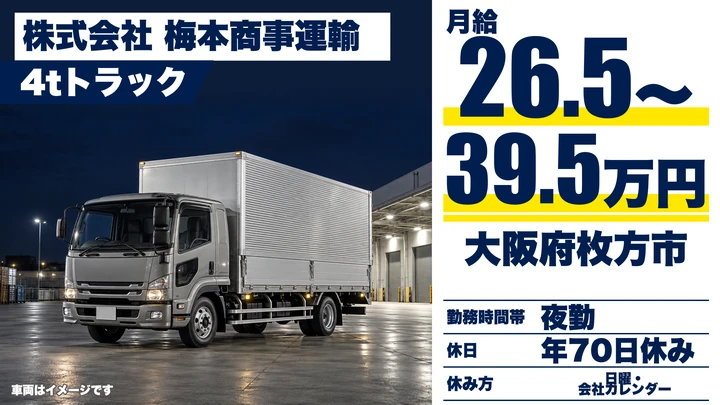 【大阪府枚方市】中型トラックドライバー／月給26.5万円～39.5万円